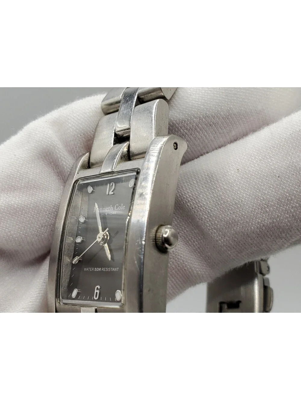 Kenneth Cole Watch Women 20mm Black Rectangle Dial Silver Tone New Battery